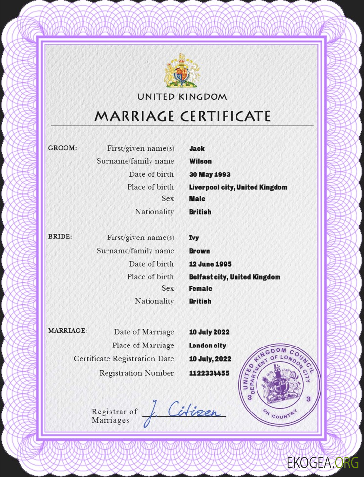 Modèle PSD de certificat de mariage du Royaume Uni,